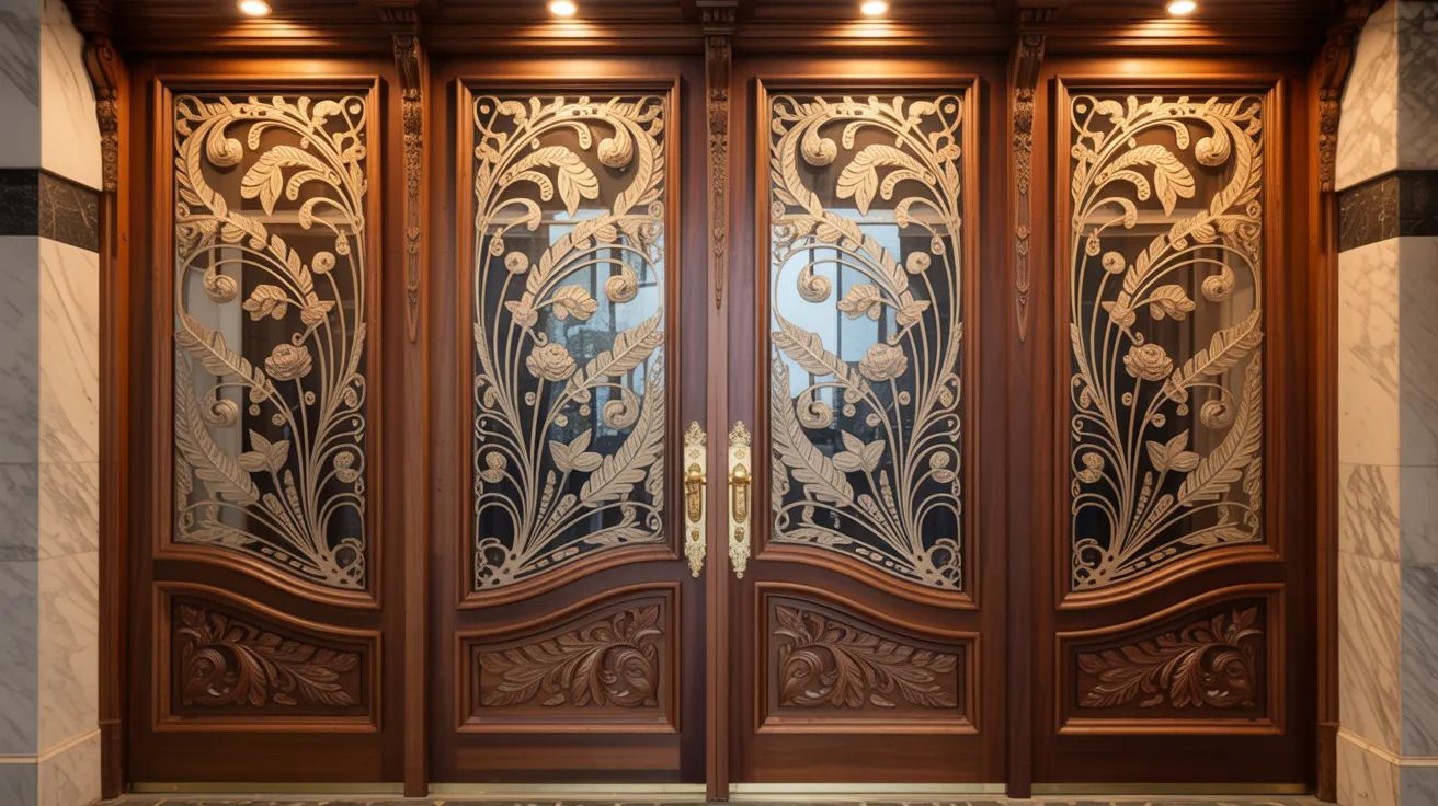Artistic hand-carved etched glass front door showcasing detailed craftsmanship and design.