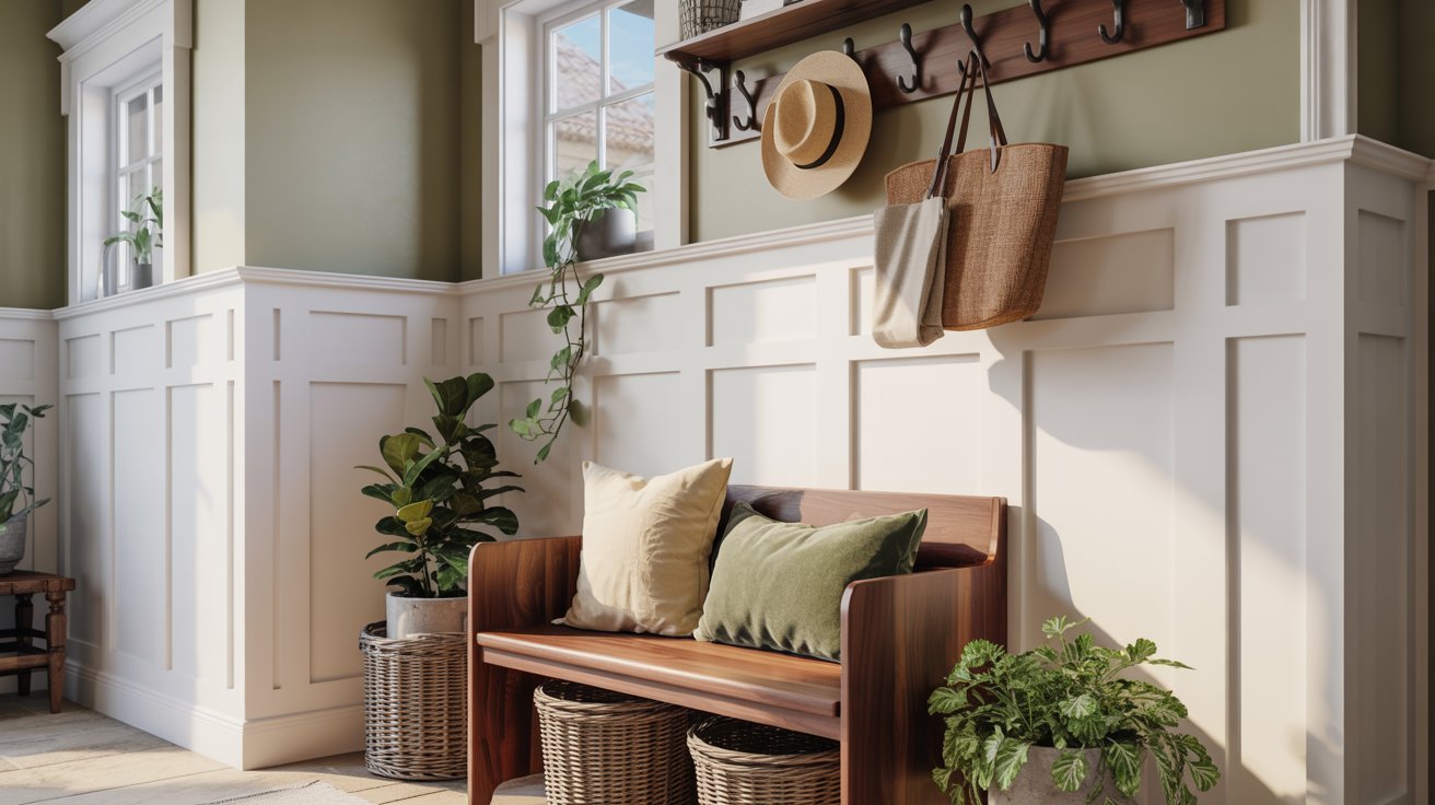Entryway featuring elegant board and batten walls, wooden bench, baskets, plants, and warm lighting.