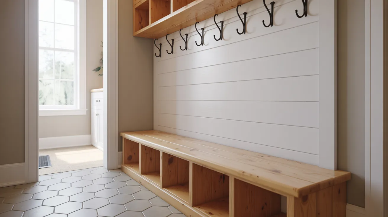 A mudroom entryway with flat white shiplap walls, wooden storage bench with cubbies, black coat hooks, and hexagon tile flooring