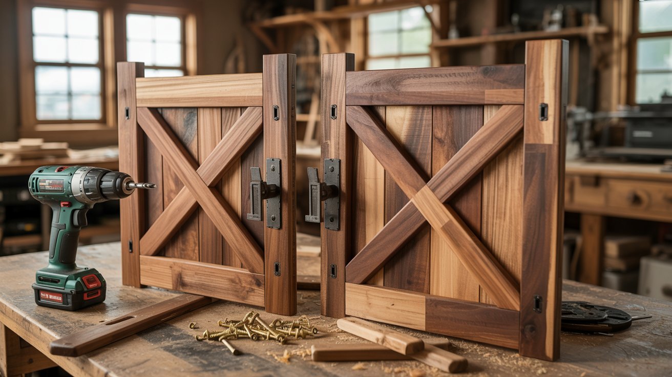 Attaching matching decorative cross braces to both double barn doors.
