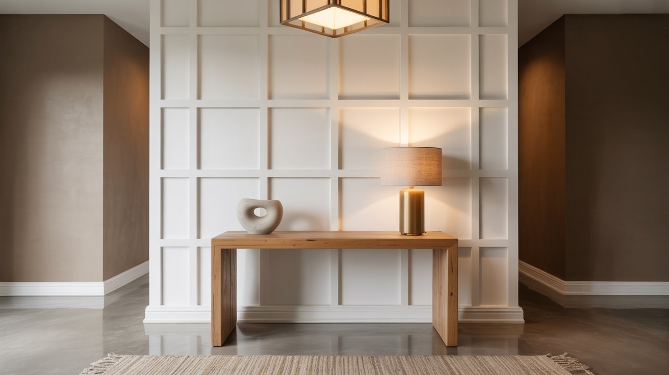 Modern grid-style board and batten wall adding geometric character to the entryway.