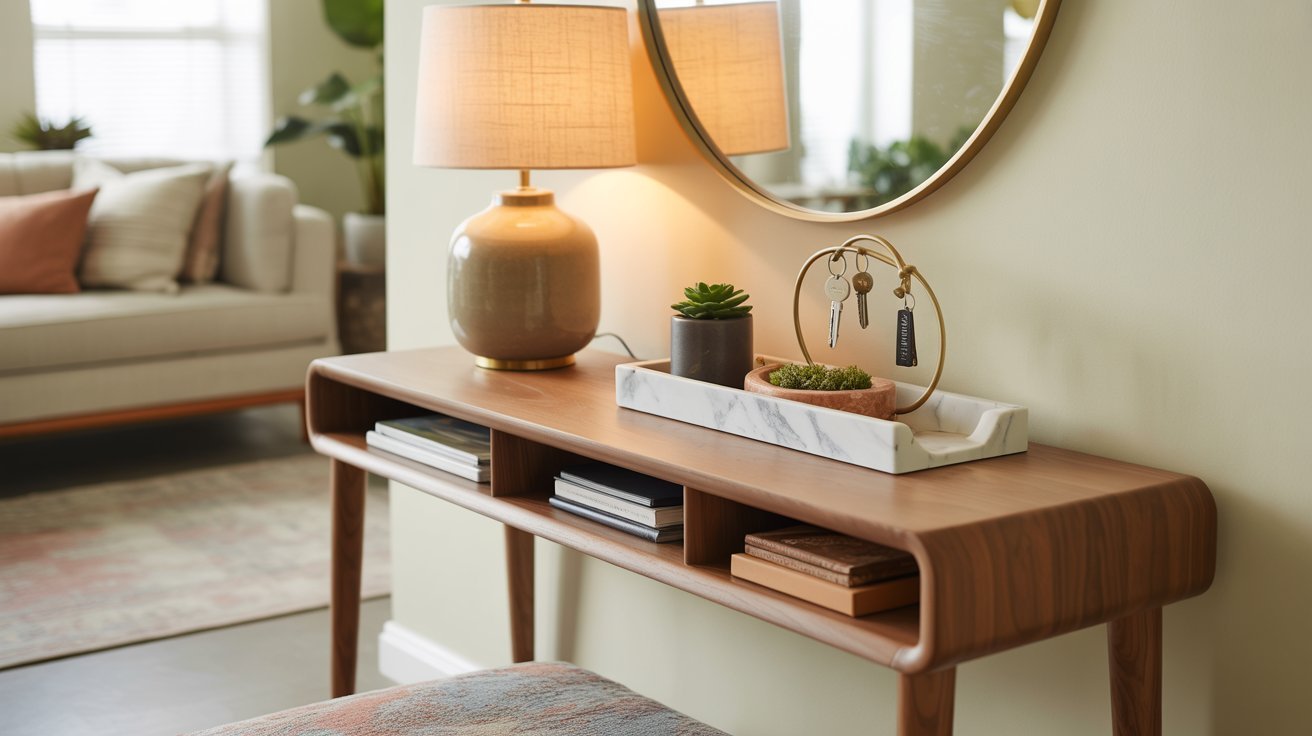 Medium-sized entryway with a balanced entryway table setup.