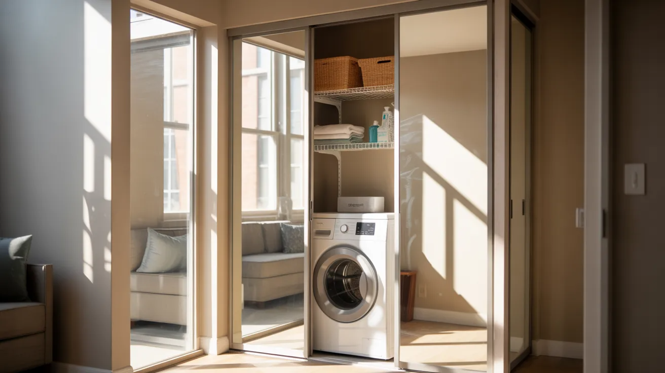 Mirrored laundry closet doors in a small room.