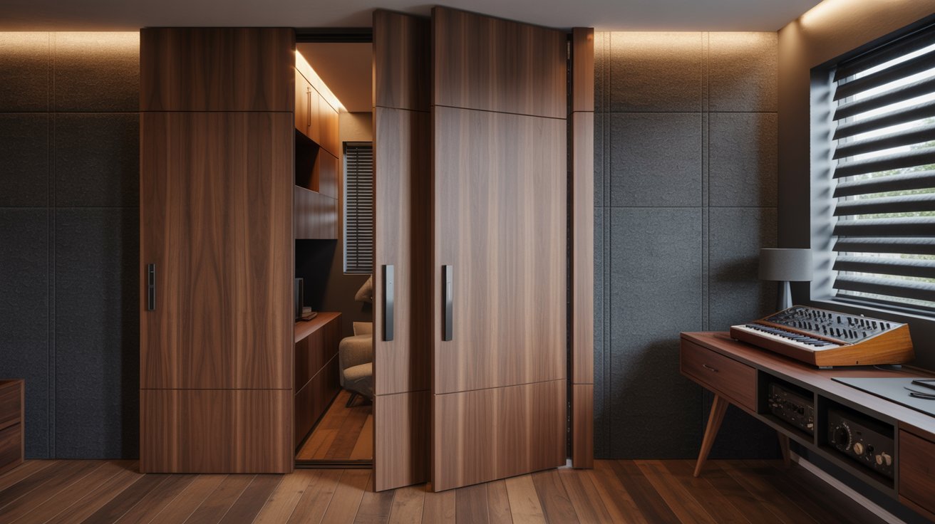 Acoustic pocket door enhancing privacy and noise reduction in modern home office.