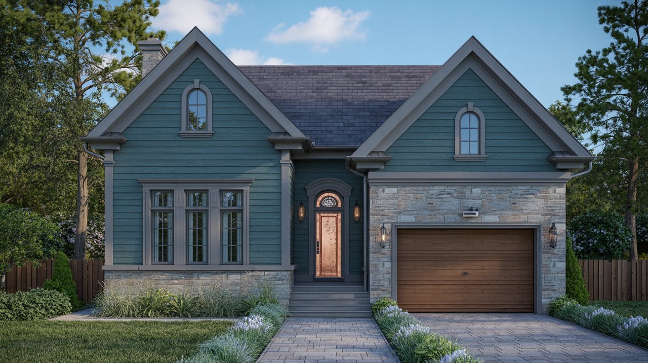 Dark blue house showcasing a copper front door with warm metallic tones.