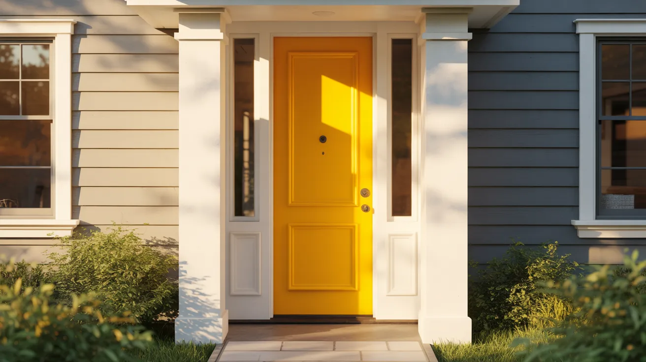 Realistic yellow front door showing happiness, warmth, and creative welcoming home entrance energy.