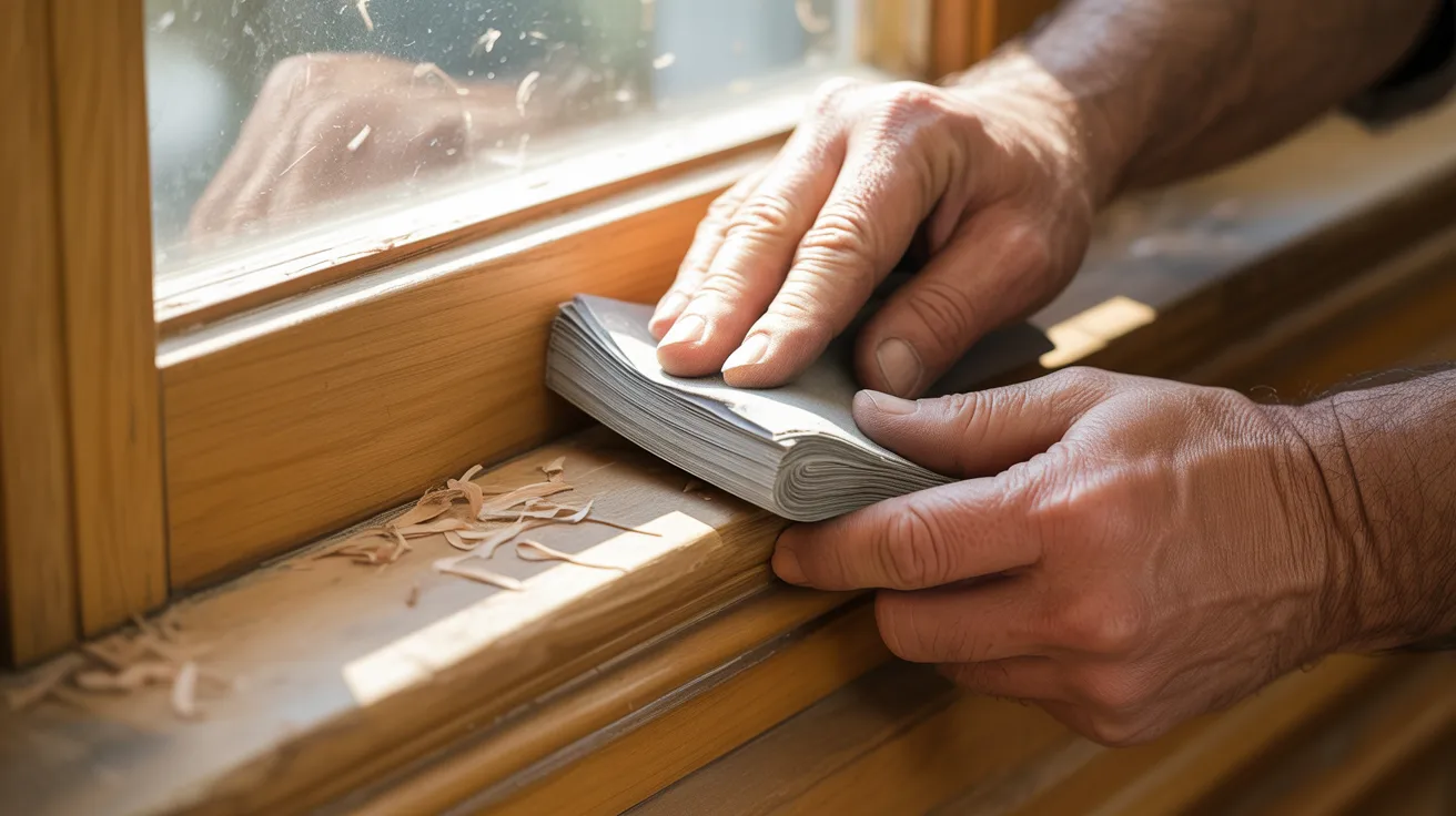 Hands sanding a door frame surface with sandpaper before applying wood filler