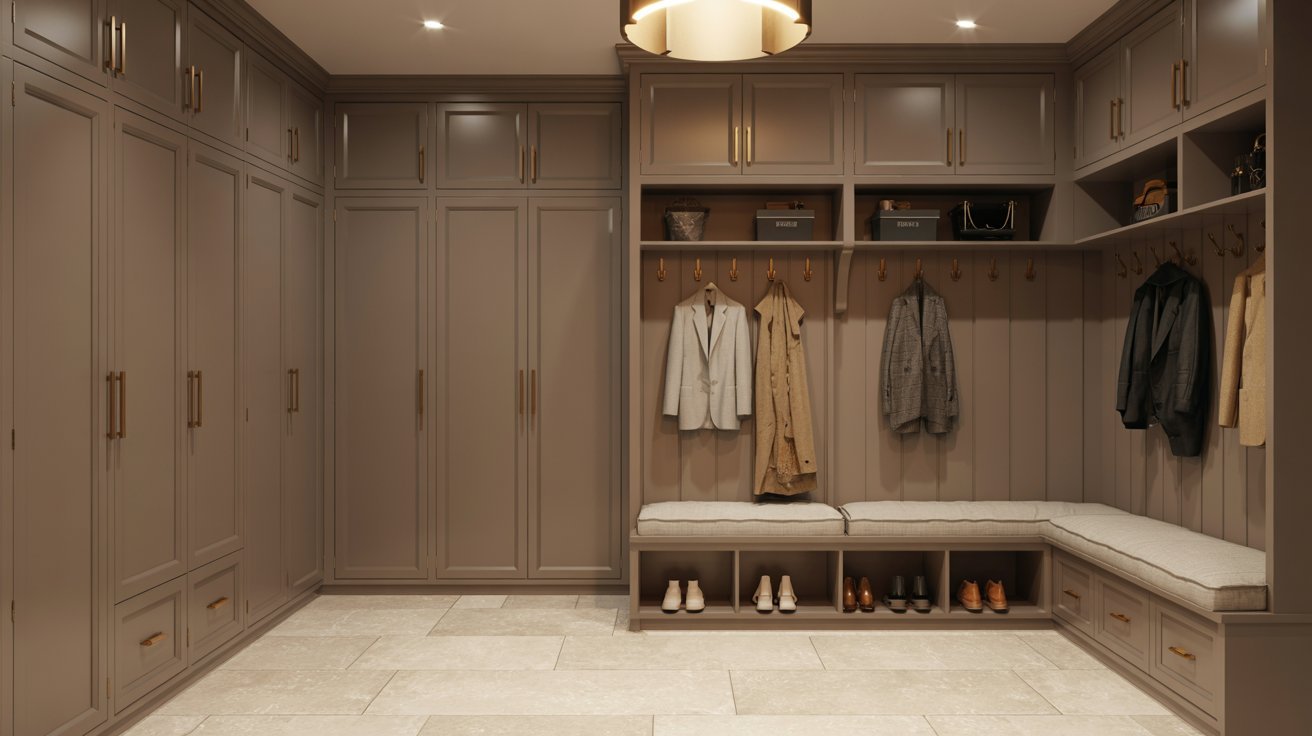 "Luxury custom mudroom with built-in cabinetry, stone flooring, brass hardware, and elegant organized entryway design."