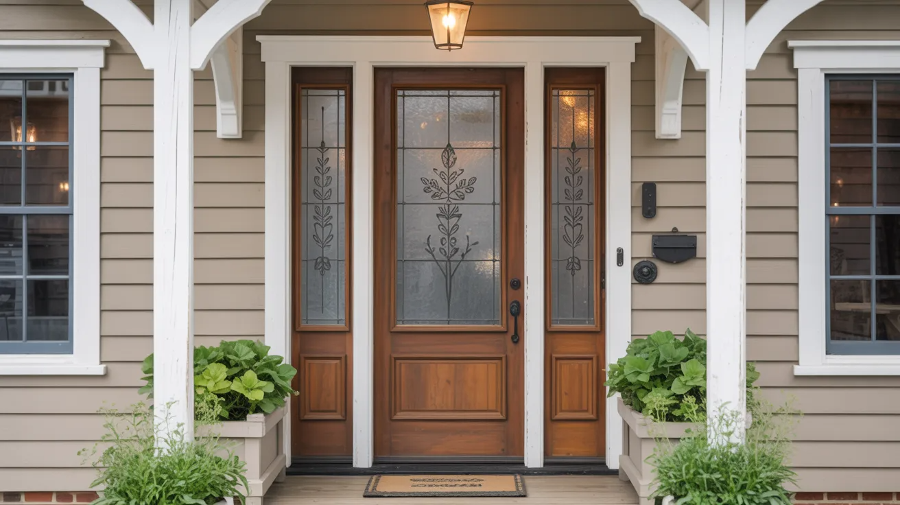 Rustic farmhouse entry door with etched glass and warm traditional design details.