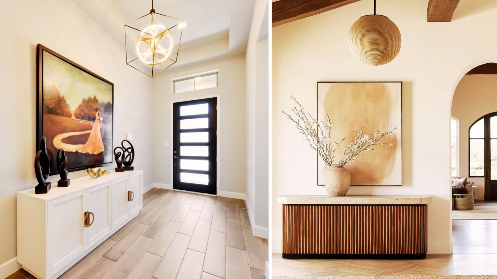 Different entryway table heights shown inside a modern hallway.