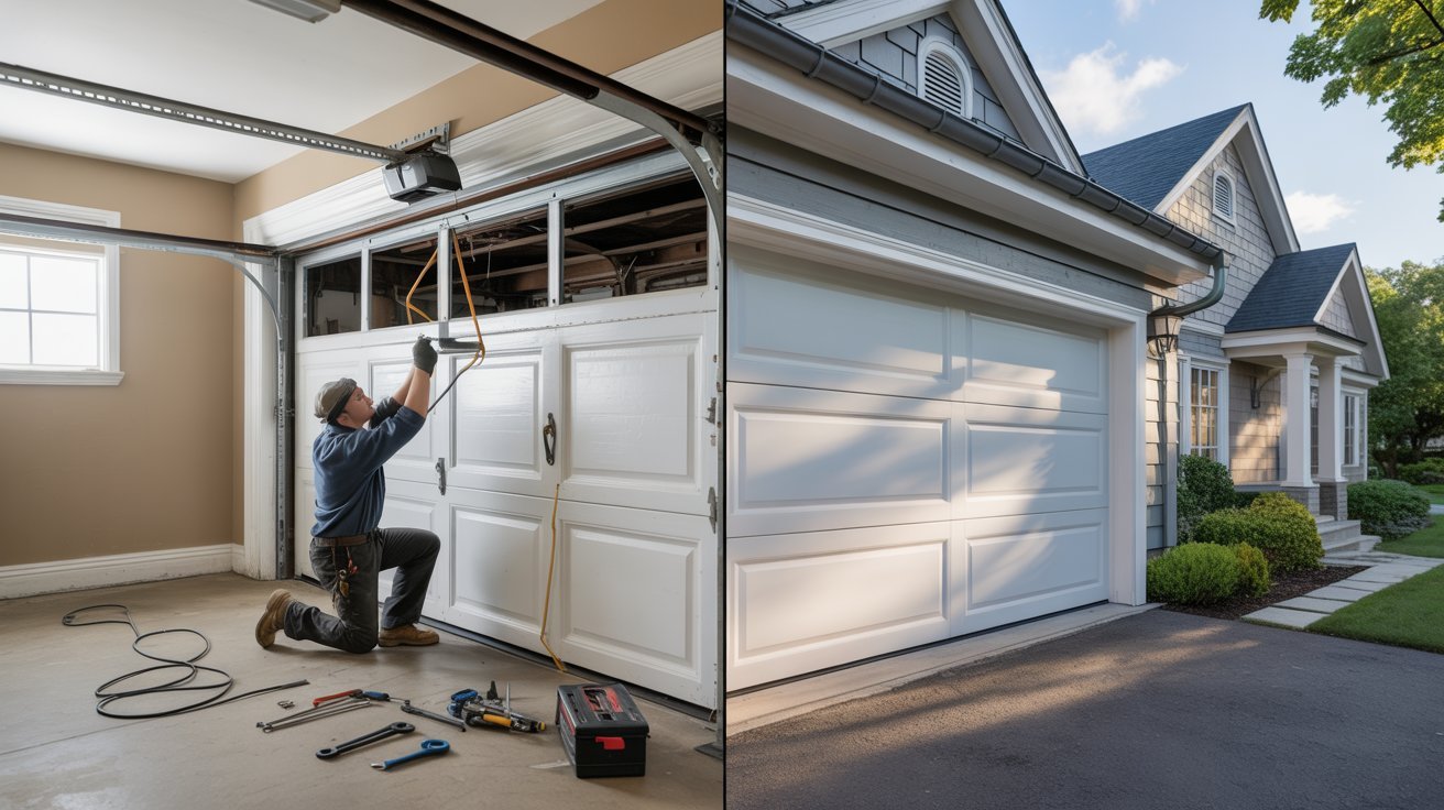 Repair versus replacement comparison showing aging garage door and newly installed upgrade
