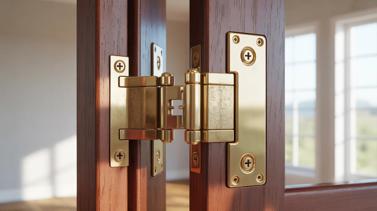 Close-up of a door hinge attached to a wooden door and frame