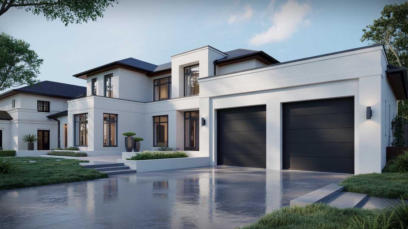 "Modern white house with stylish black garage doors creating bold curb appeal and elegant exterior contrast."