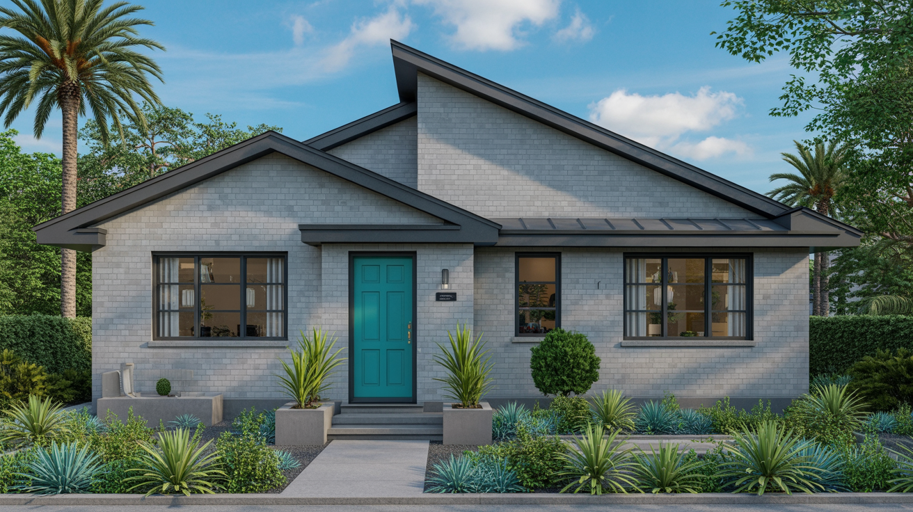 Gray-blue home showcasing a teal front door.