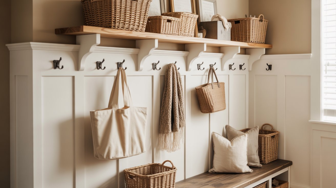 Farmhouse entryway with board and batten wall hooks and storage.