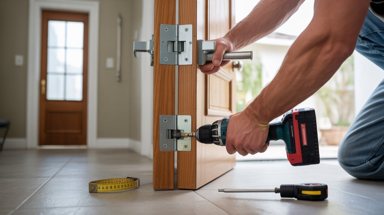 "Beginner installing hydraulic door closer on a wooden interior door using a drill, with tools and hardware arranged nearby in a modern home entryway"