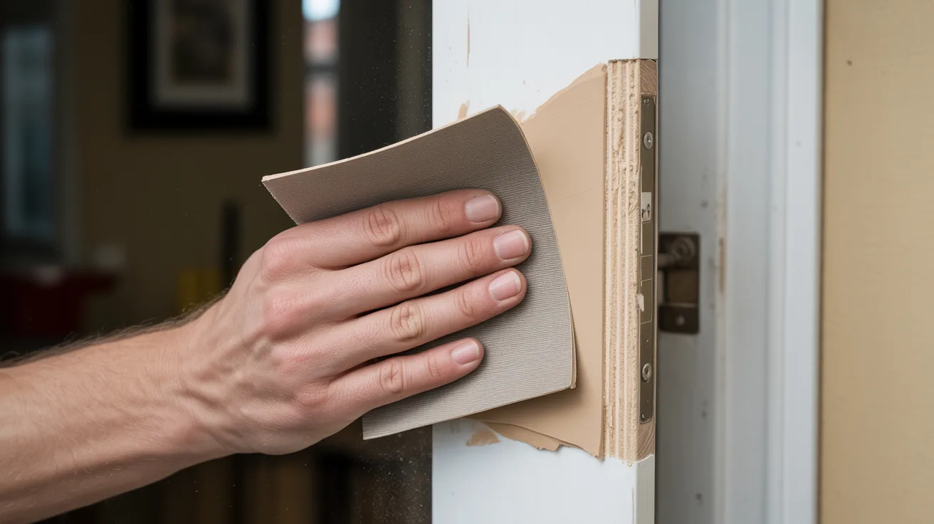 Hand sanding dried wood filler smooth on a white painted door frame