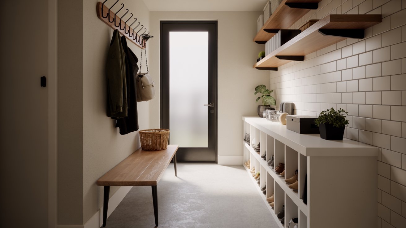 Narrow enclosed breezeway mudroom with compact storage and bench seating.