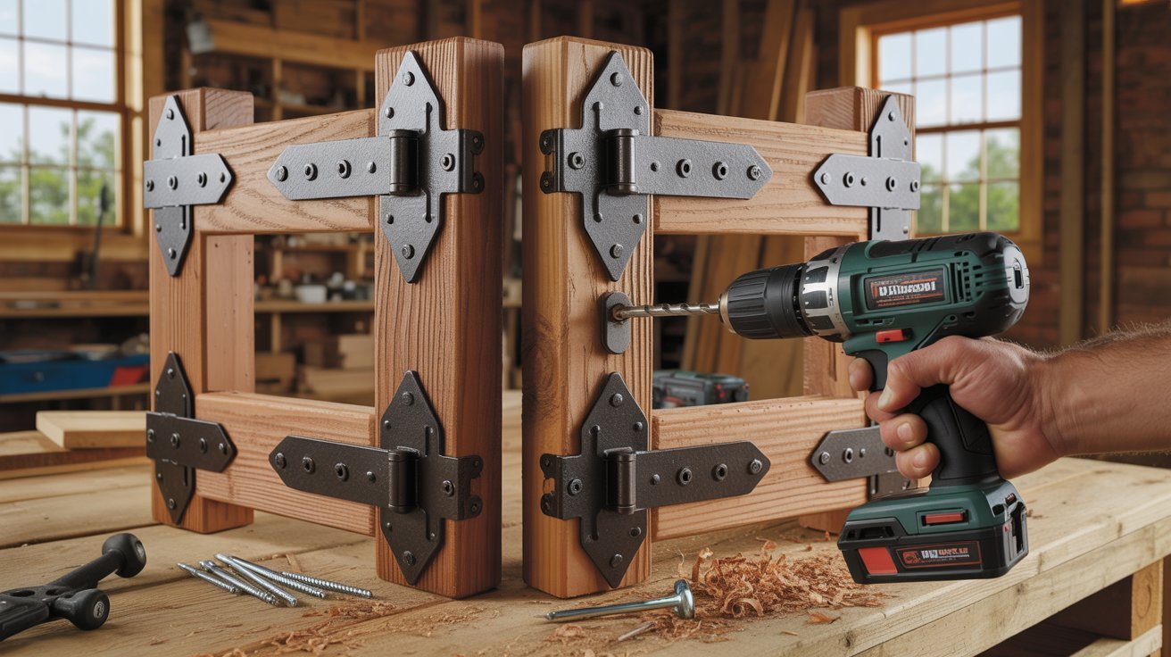 Installing hinges, latch hardware, and braces on sturdy double shed doors.
