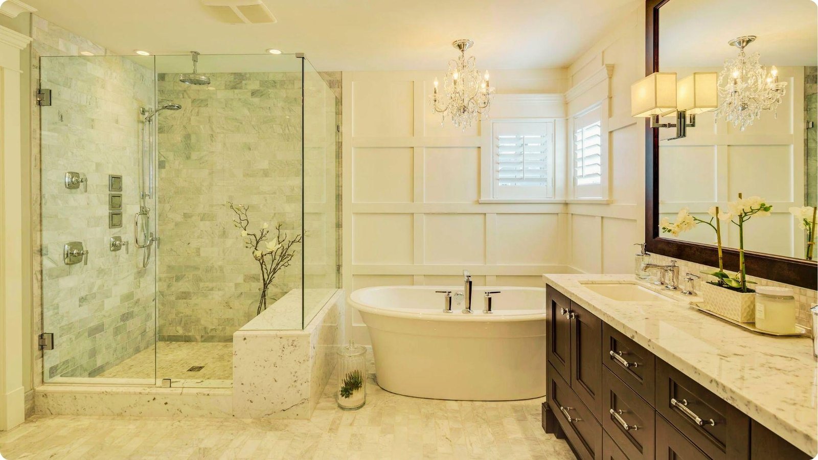 Luxurious bathroom featuring a corner semi frameless shower door with minimal metal framing on the hinges and base.