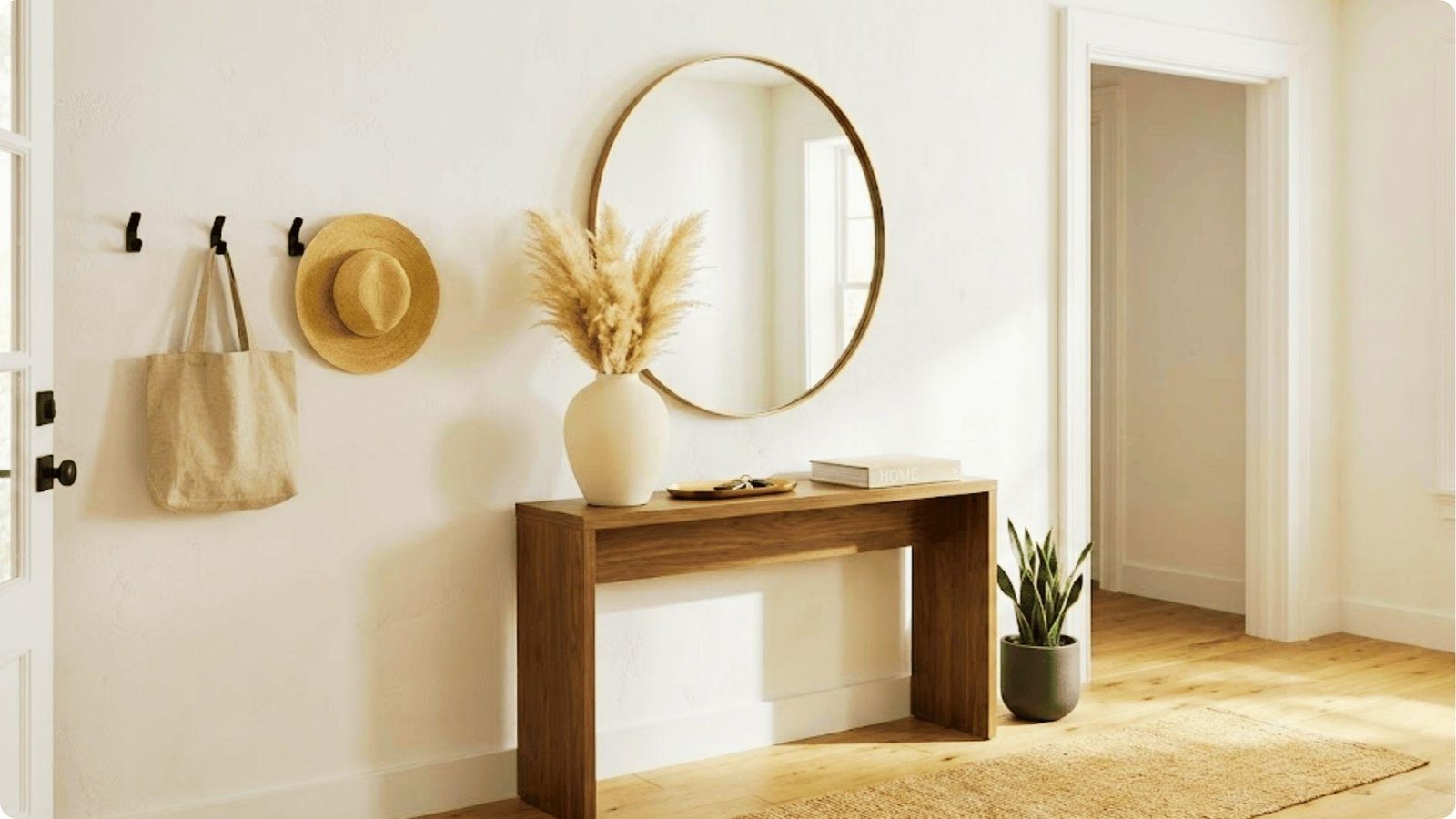 A minimalist no-foyer entry with a waterfall wood console table, round brass mirror, and black wall hooks.