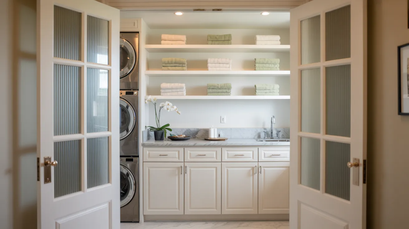 Laundry closet with elegant white French doors.