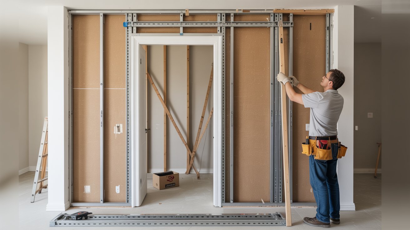 Pocket door installation within exposed wall framing showing tracks, hardware, and construction details.