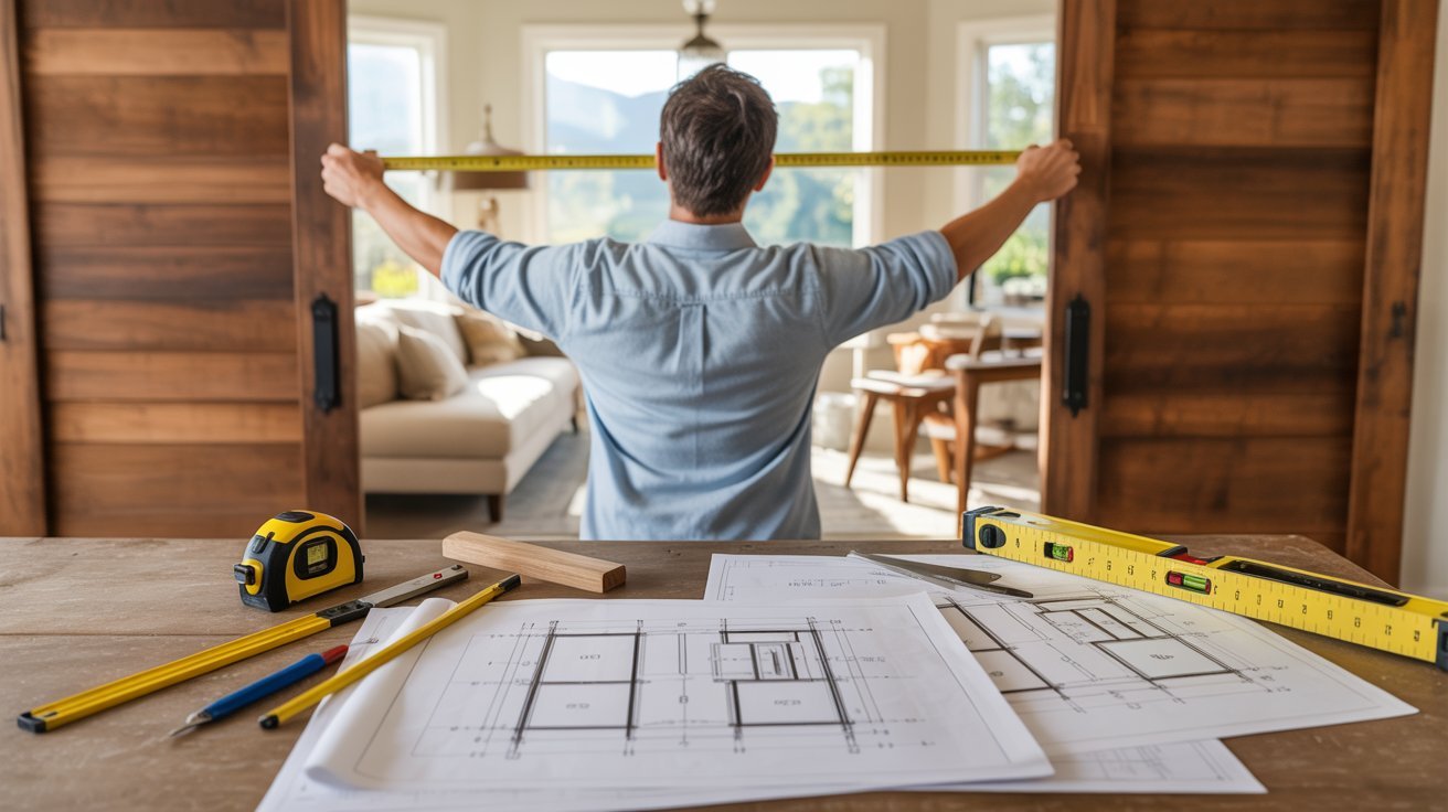 Measuring doorway dimensions and swing clearance before building wooden barn doors in home.