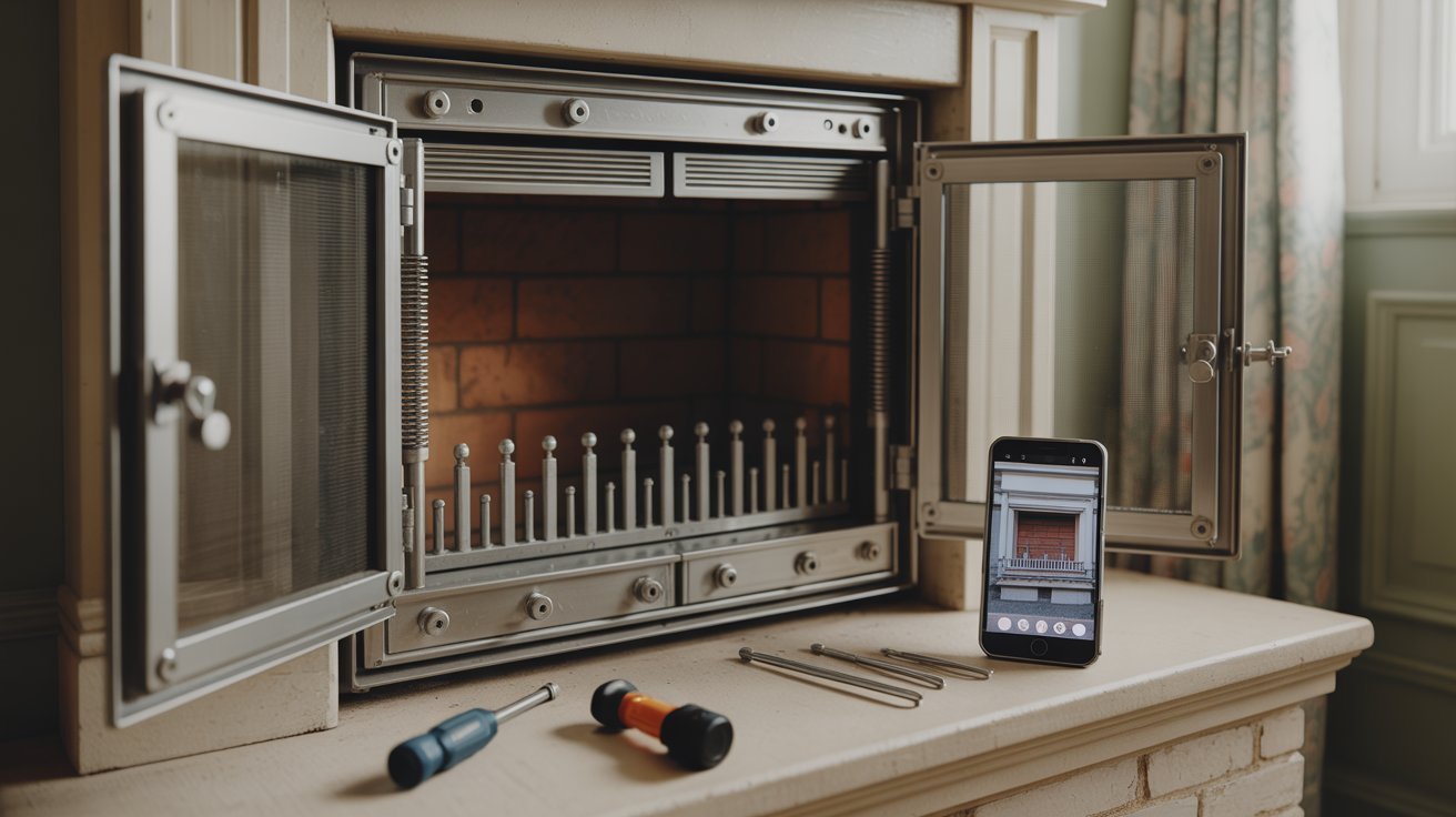 "Open fireplace doors showing mounting hardware and inspection details with tools and a phone used for reference during DIY removal."