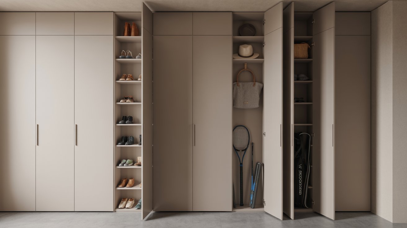 "Floor-to-ceiling mudroom cabinet wall with hidden storage for shoes, bags, and family entryway organization."
