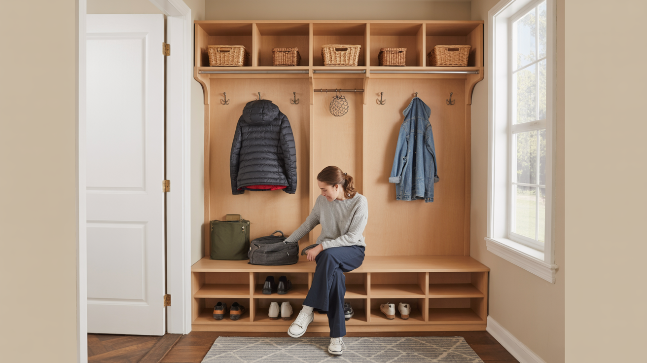 Custom DIY mudroom bench with seating and storage in an organized entryway