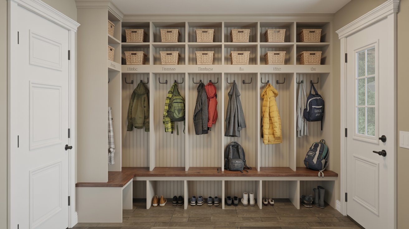 Mudroom with open lockers and bench seating for family organization.