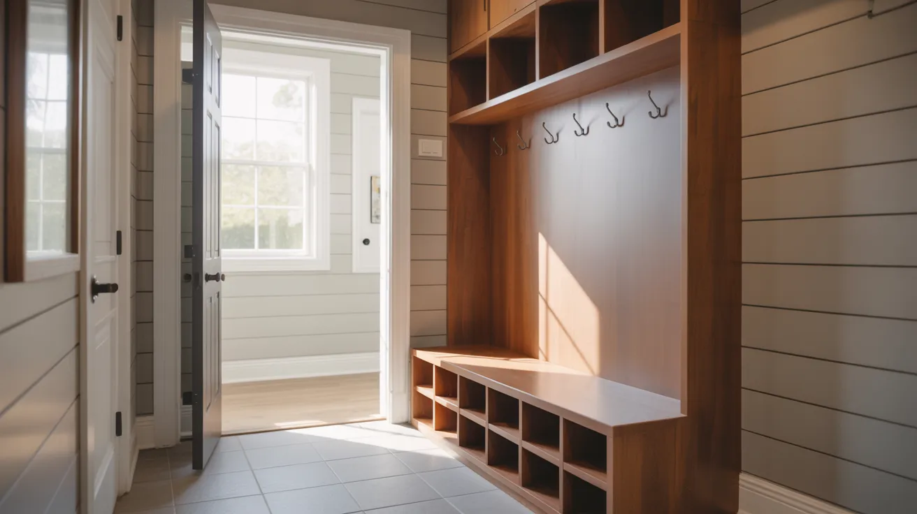 Realistic mudroom layout showing space, walkway clearance, and design factors affecting bench depth selection.