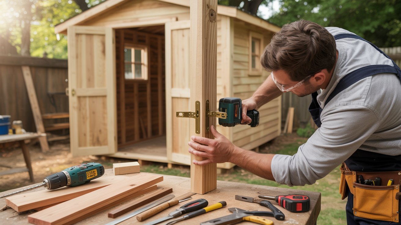 Wooden double shed doors under construction with tools, lumber, hinges, and backyard workshop setting.
