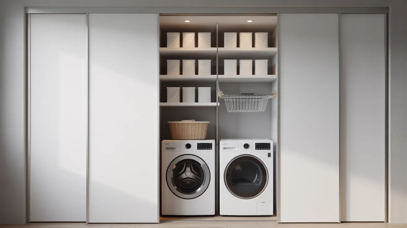 Laundry closet with modern sliding bypass doors.