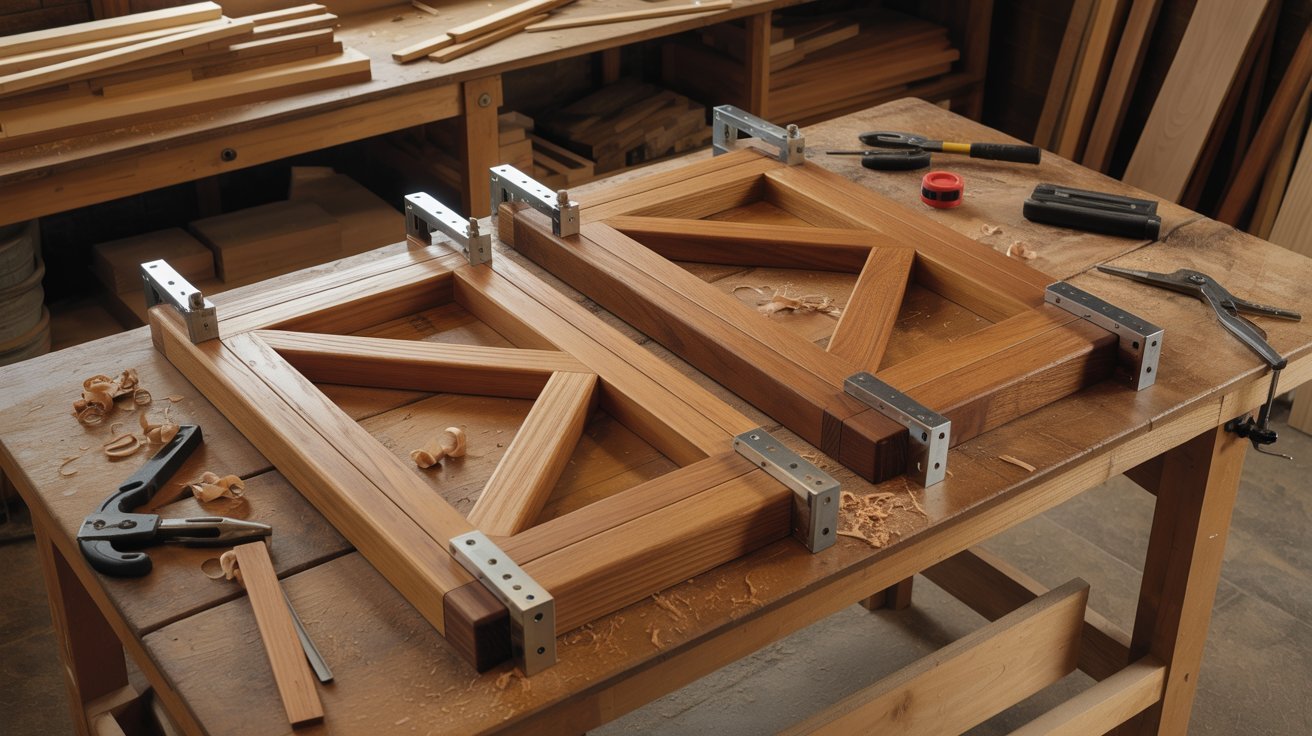Building two matching barn door frames with identical dimensions and alignment.