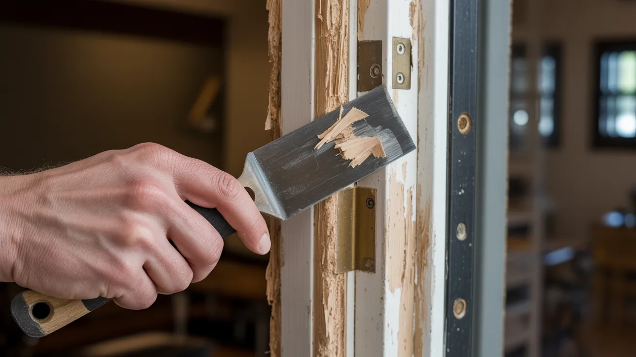Hand using a putty knife to scrape loose damaged wood from a door frame