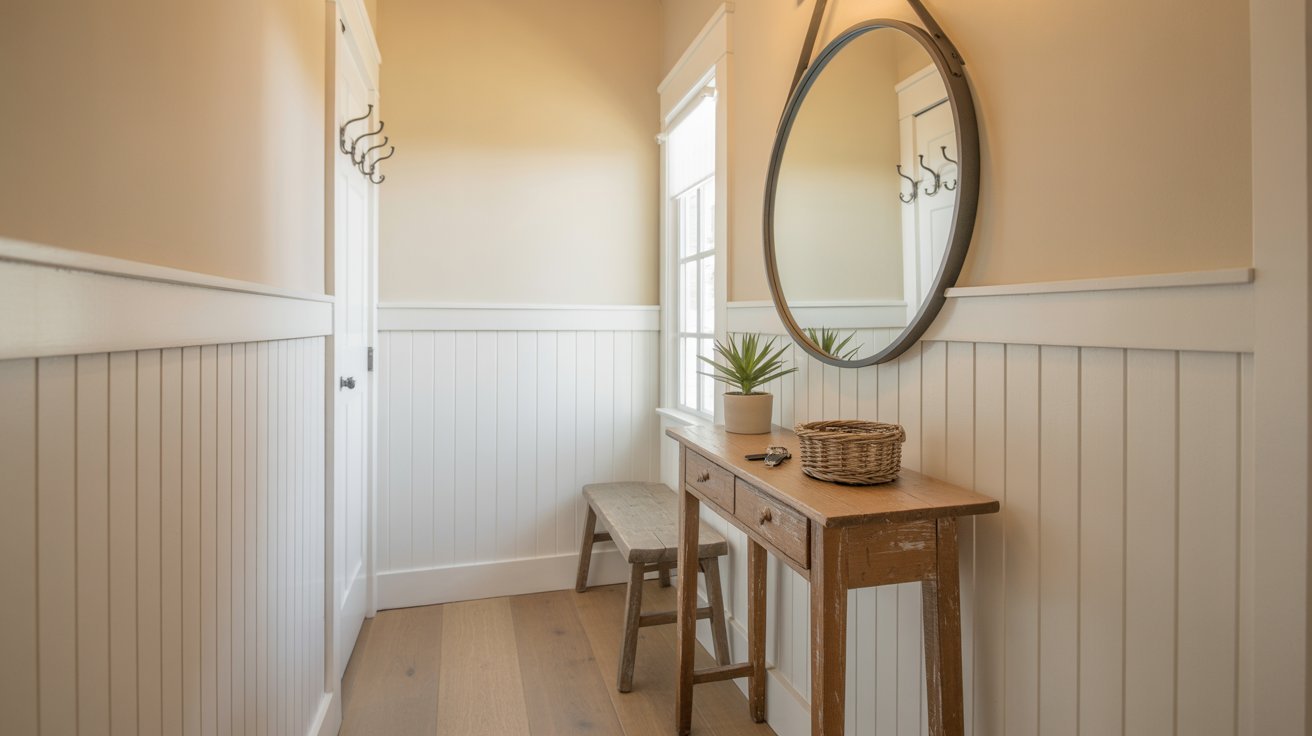 Small farmhouse board and batten entryway with simple decor.