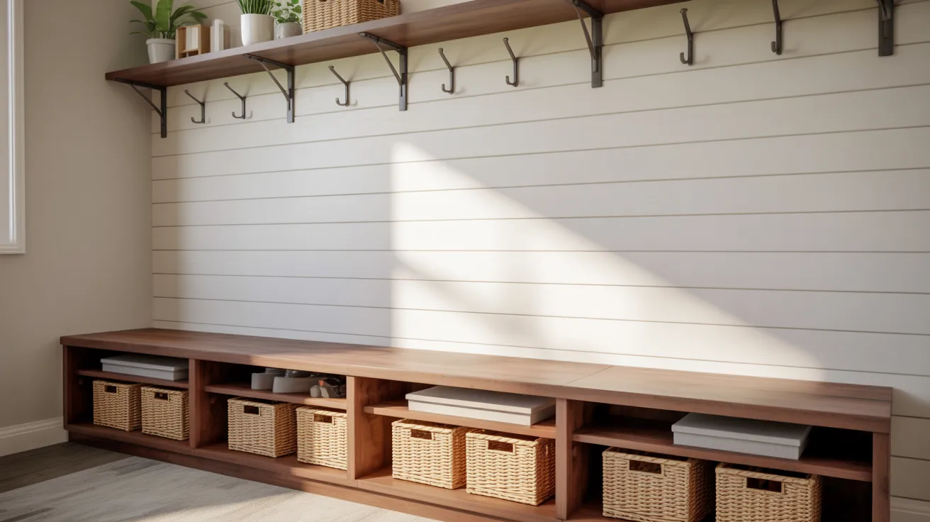 Realistic mudroom bench showing ideal depth choice balancing seating comfort and storage efficiency for DIY design.