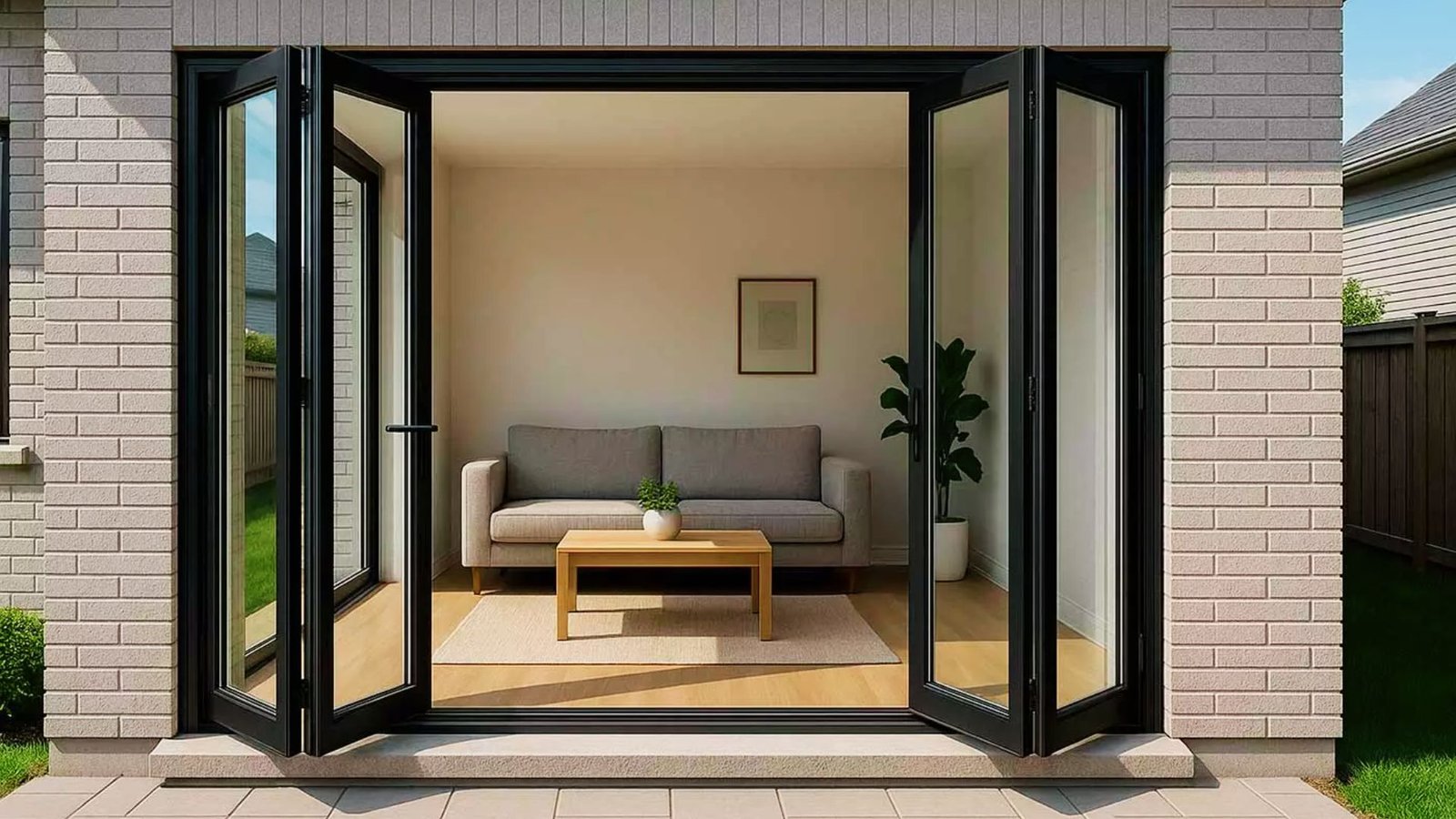 Modern black frame bifold doors fully opened between living room and patio showing interior rough opening space