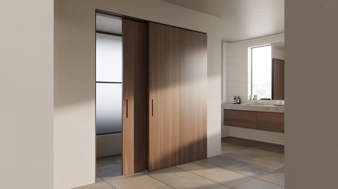 Single sliding pocket door disappearing into wall in modern bathroom, maximizing compact space.
