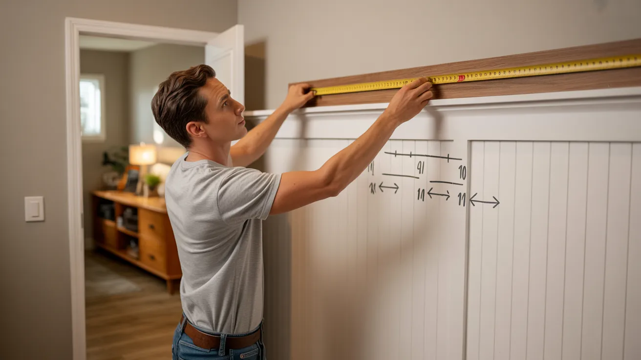 Person measuring a mudroom wall with a tape measure before building a bench.