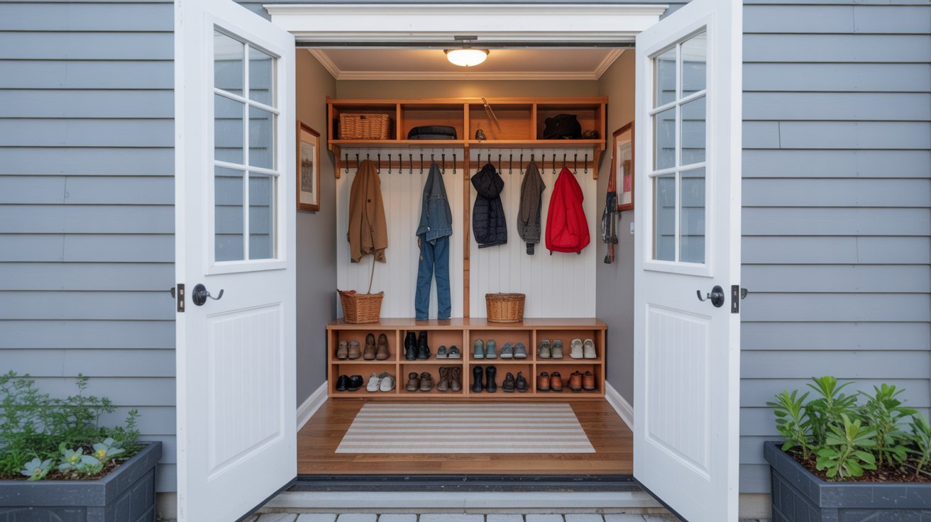 Enclosed breezeway converted into a functional mudroom with coat hooks and storage.