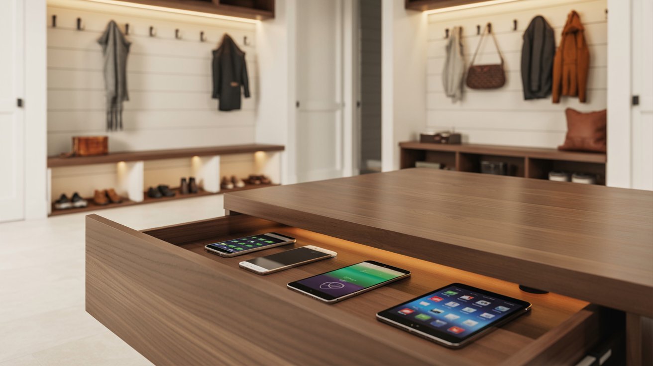 "Mudroom drop zone with hidden charging station, organized storage, and modern functional entryway design."