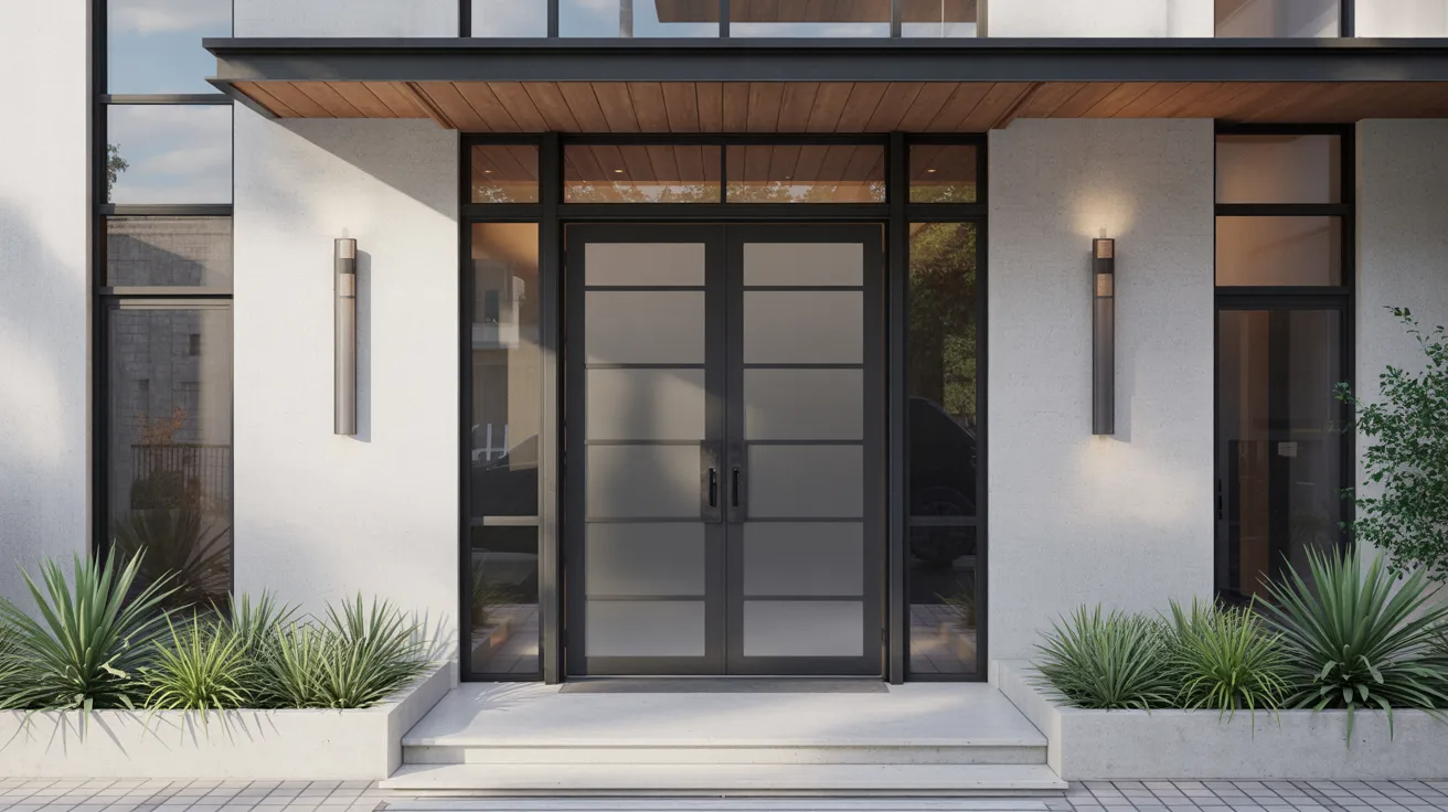 Black frame glass entry door with etched panels creating a bold modern industrial look.