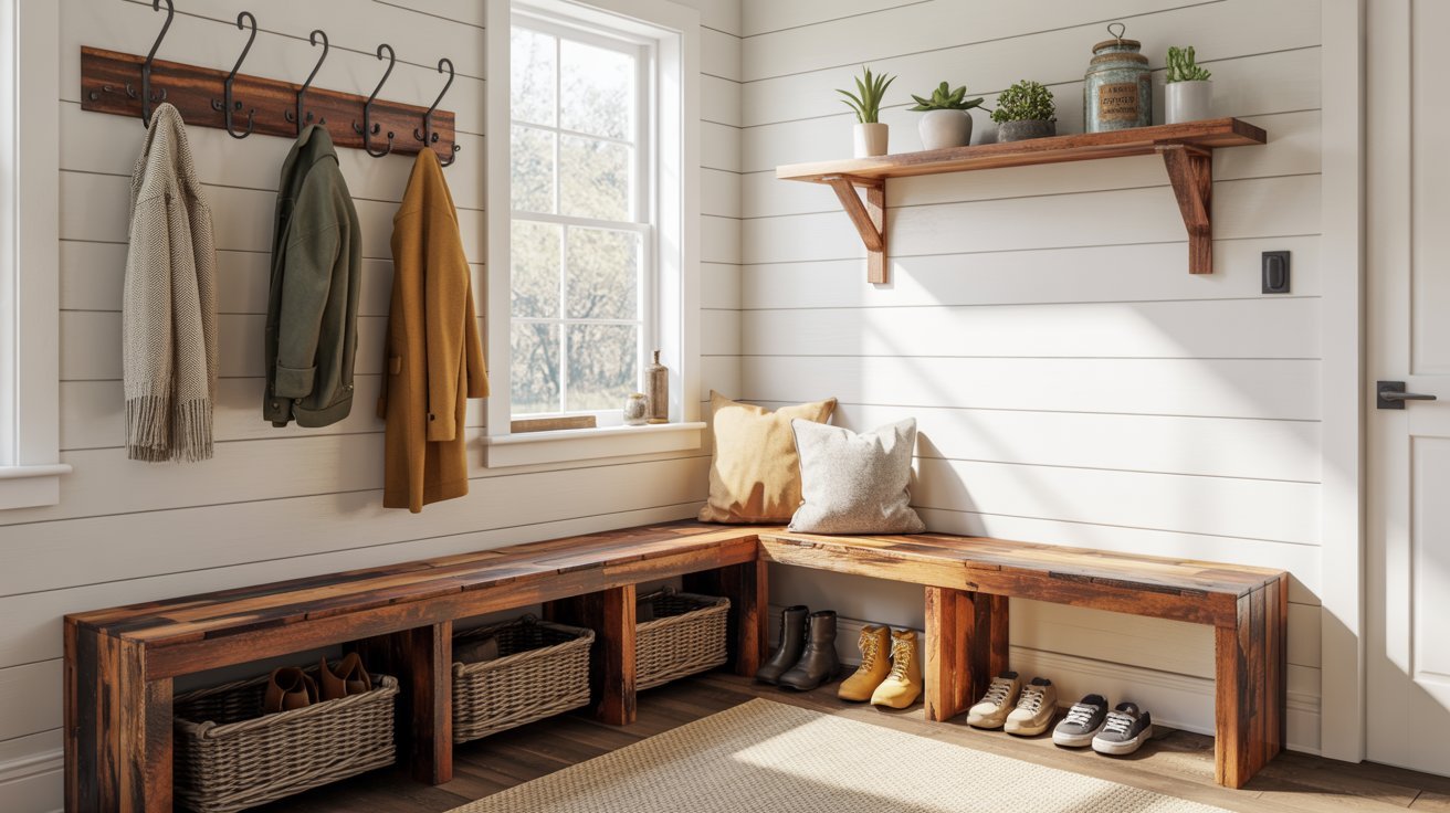 "Farmhouse mudroom drop zone with shiplap walls, rustic wood bench, woven baskets, and black iron hooks."