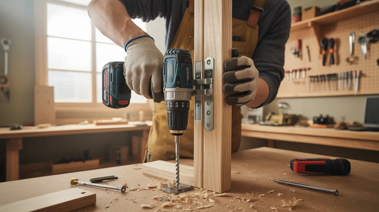 Attaching a door hinge with a drill and screws