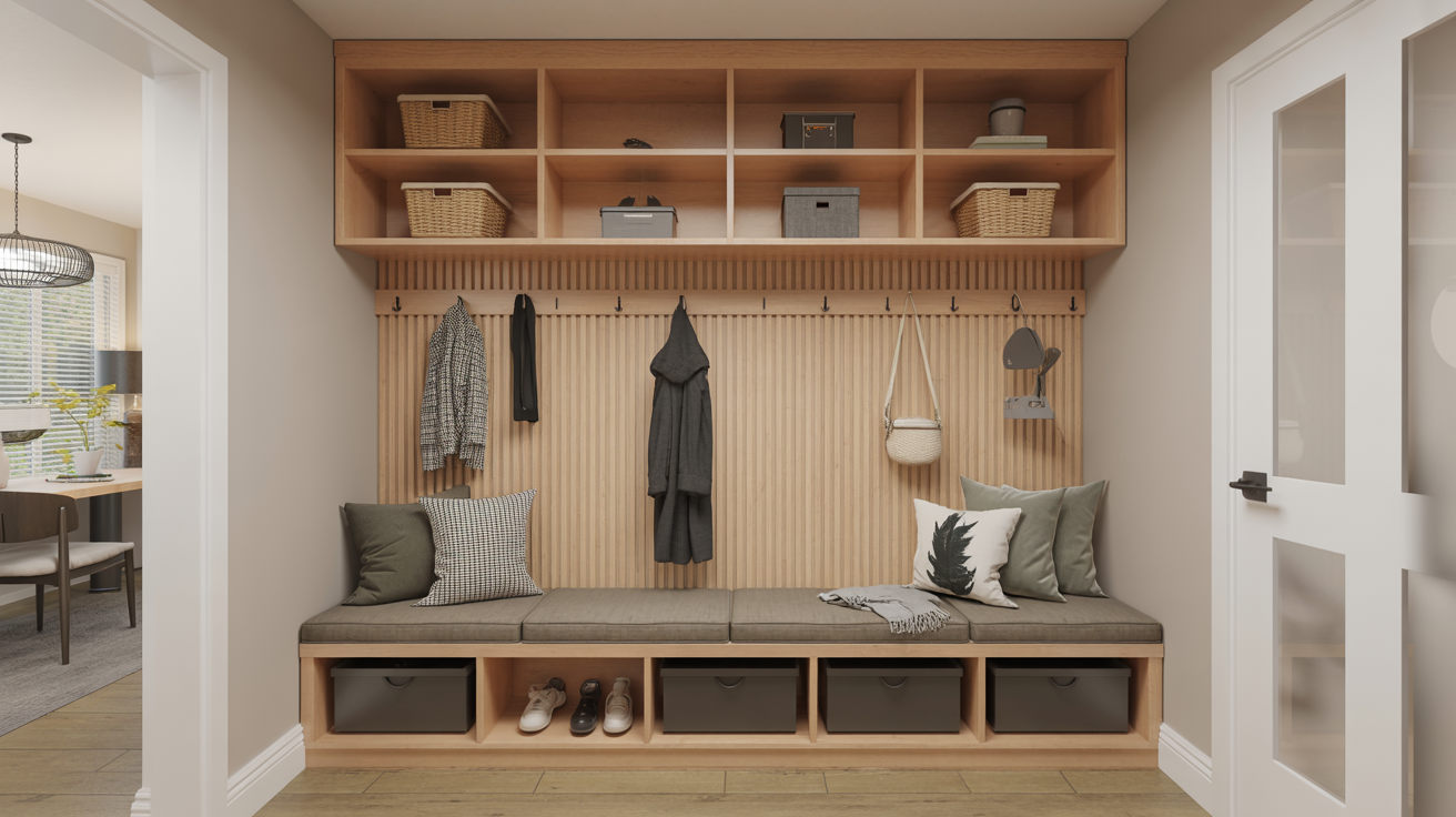 DIY mudroom bench with built-in storage drawers