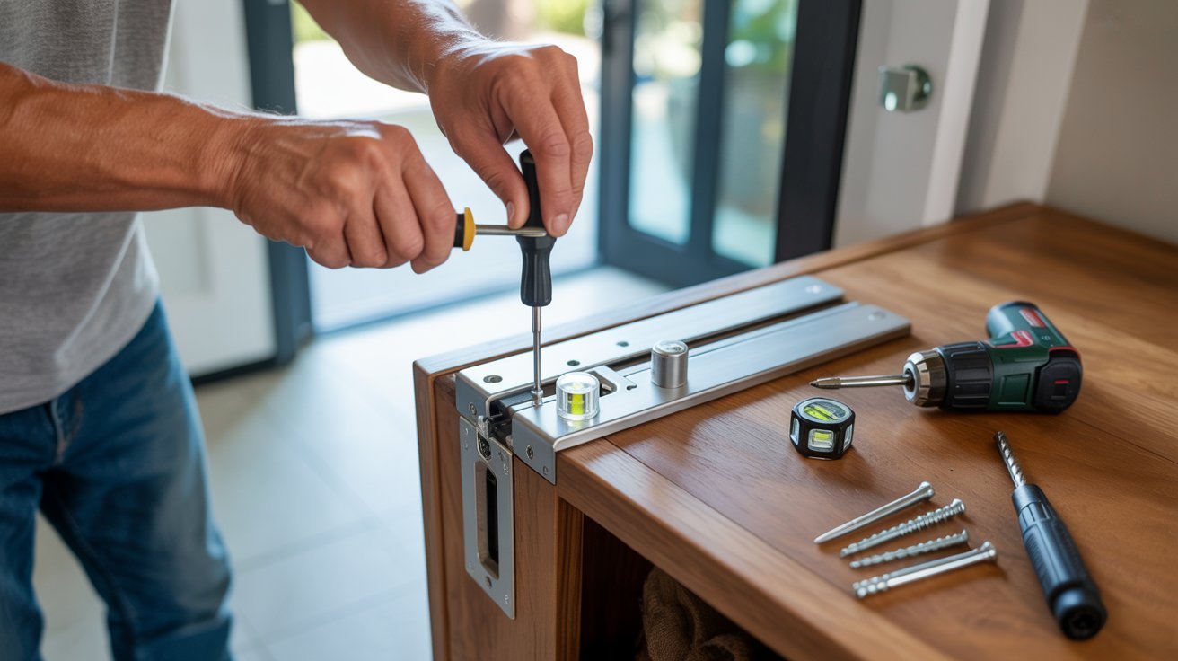 "Homeowner securing hydraulic door closer body to wooden door frame with screwdriver while checking level alignment in a modern entryway"