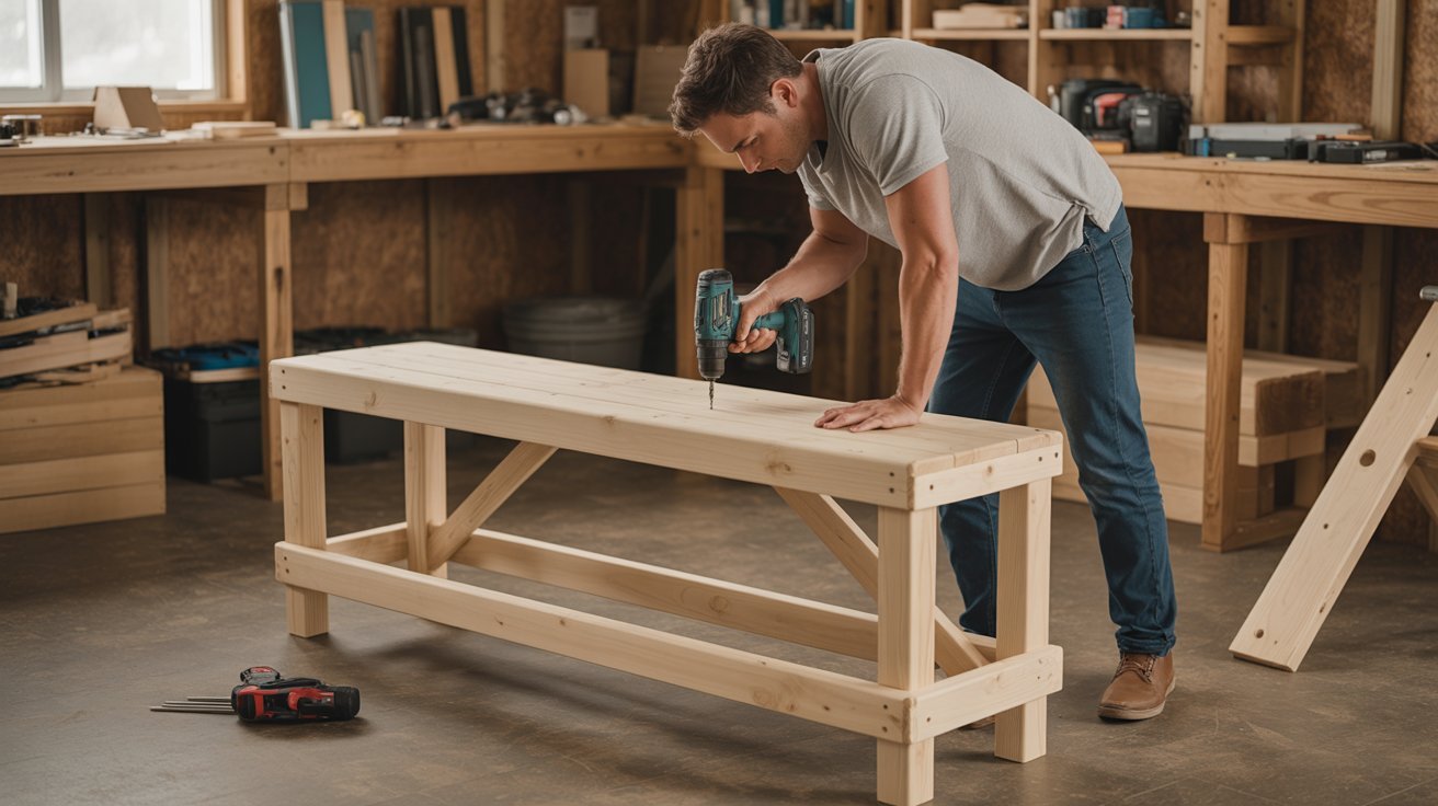 Building the wooden frame for a DIY mudroom bench